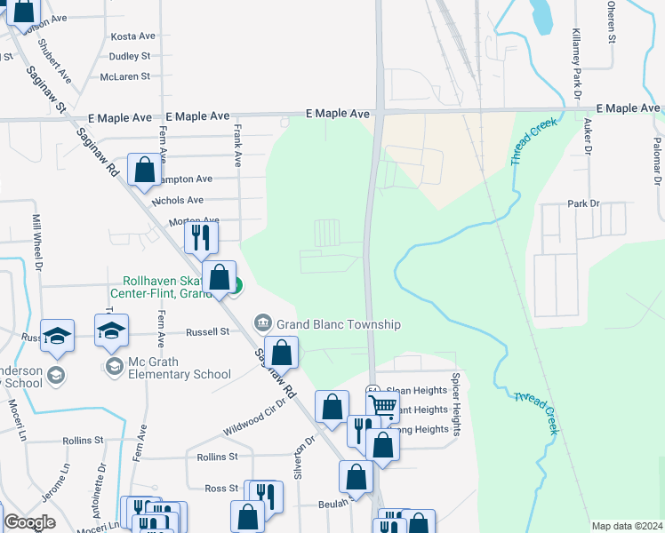 map of restaurants, bars, coffee shops, grocery stores, and more near 9 Kuzych Drive in Flint