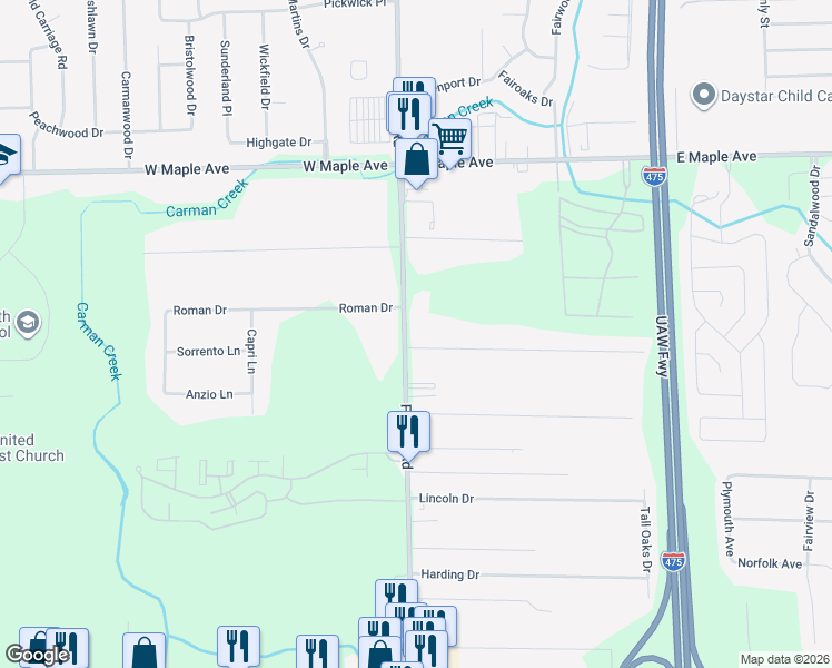 map of restaurants, bars, coffee shops, grocery stores, and more near 5163 Fenton Road in Flint