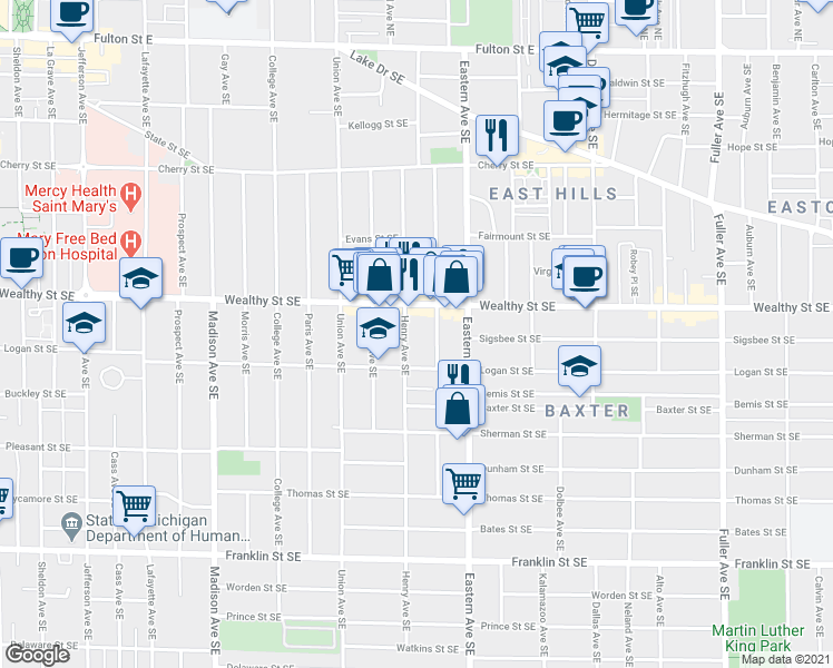 map of restaurants, bars, coffee shops, grocery stores, and more near 700 Wealthy Street Southeast in Grand Rapids