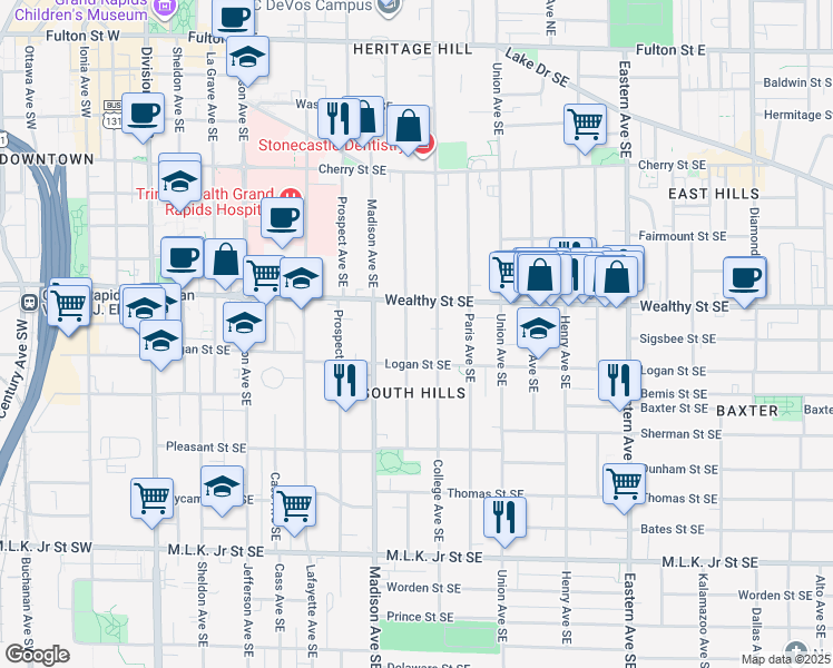 map of restaurants, bars, coffee shops, grocery stores, and more near 404 Morris Avenue Southeast in Grand Rapids