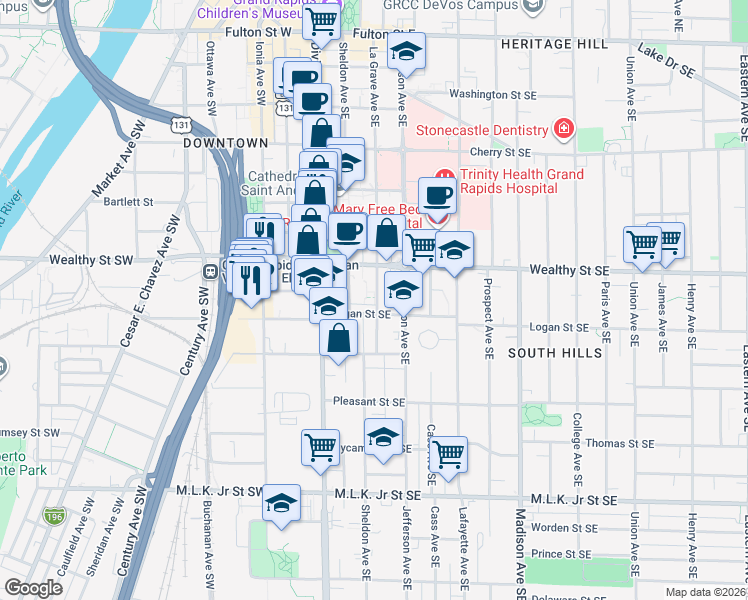 map of restaurants, bars, coffee shops, grocery stores, and more near 140 Wealthy Street Southeast in Grand Rapids