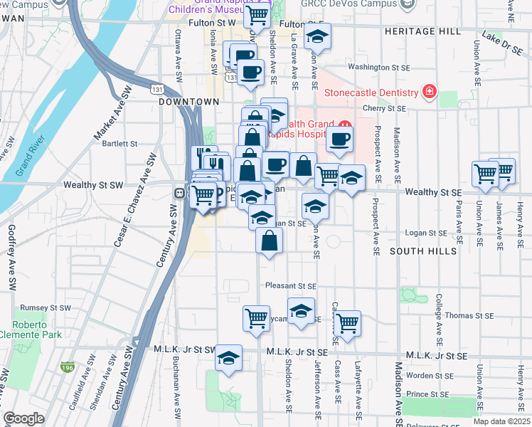 map of restaurants, bars, coffee shops, grocery stores, and more near 416 Sheldon Avenue Southeast in Grand Rapids