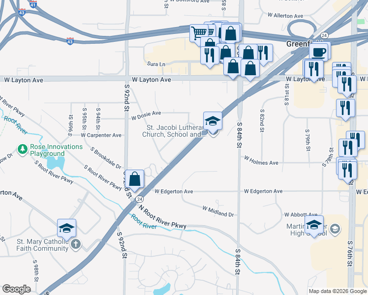map of restaurants, bars, coffee shops, grocery stores, and more near 8734 West Forest Home Avenue in Greenfield