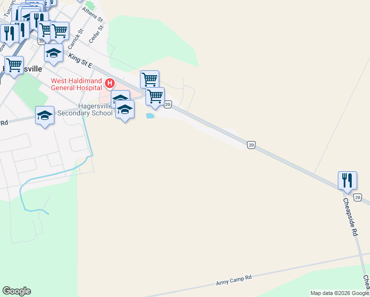 map of restaurants, bars, coffee shops, grocery stores, and more near 154 King Street East in Hagersville