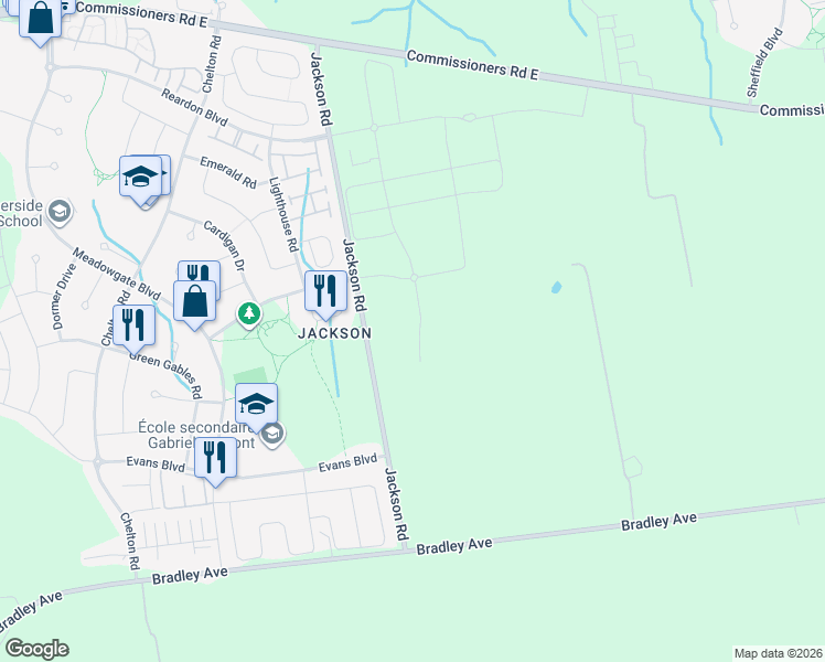 map of restaurants, bars, coffee shops, grocery stores, and more near 2626 Jackson Road in London