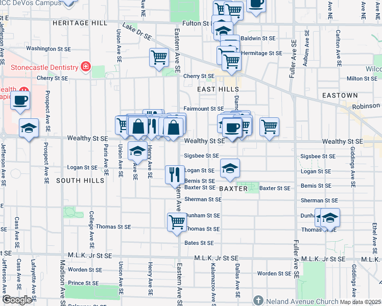 map of restaurants, bars, coffee shops, grocery stores, and more near 823 Sigsbee Street Southeast in Grand Rapids