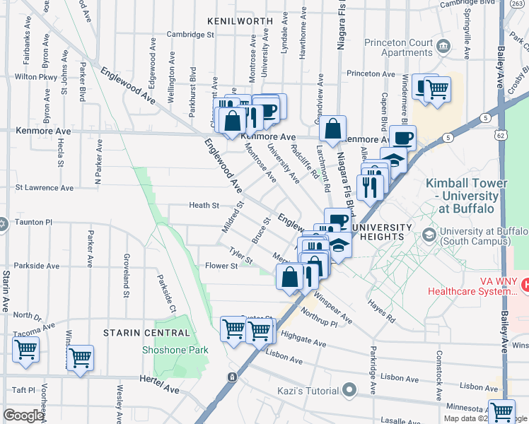 map of restaurants, bars, coffee shops, grocery stores, and more near 132 Englewood Avenue in Buffalo
