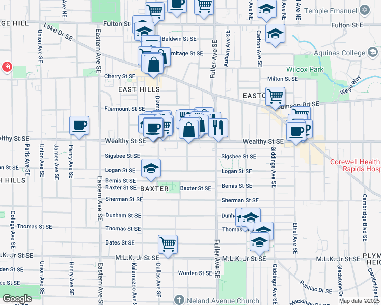 map of restaurants, bars, coffee shops, grocery stores, and more near 1118 Wealthy Street Southeast in Grand Rapids