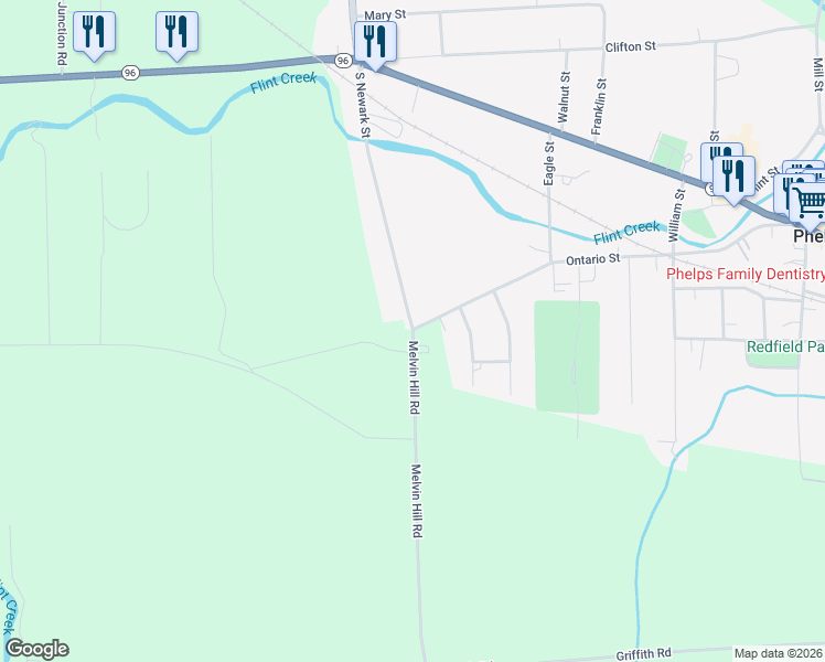 map of restaurants, bars, coffee shops, grocery stores, and more near 1501 Melvin Hill Road in Phelps