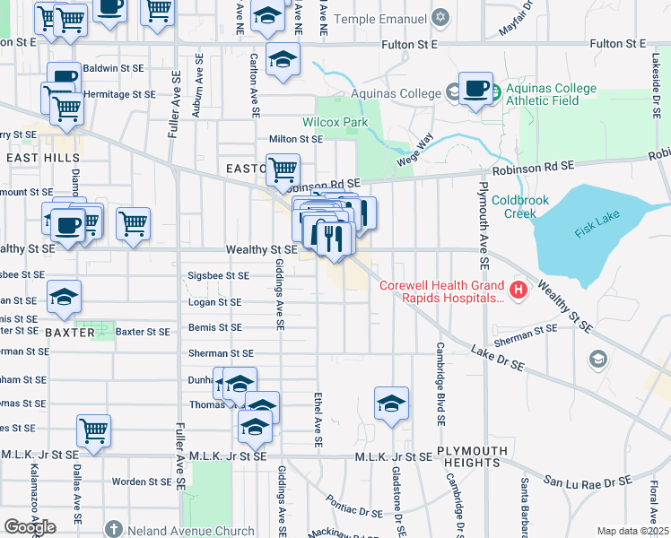 map of restaurants, bars, coffee shops, grocery stores, and more near 1511 Wealthy Street Southeast in Grand Rapids