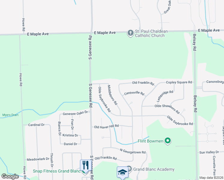 map of restaurants, bars, coffee shops, grocery stores, and more near 5463 Old Franklin Road in Grand Blanc