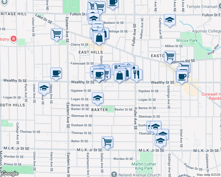 map of restaurants, bars, coffee shops, grocery stores, and more near 1033 Sigsbee Street Southeast in Grand Rapids
