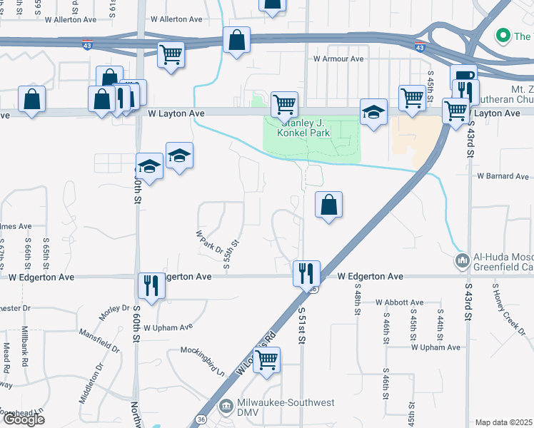 map of restaurants, bars, coffee shops, grocery stores, and more near 4955 Greenbrook Terrace in Greenfield