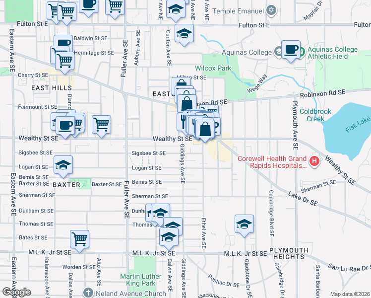 map of restaurants, bars, coffee shops, grocery stores, and more near 420 Giddings Avenue Southeast in Grand Rapids