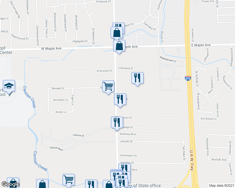 map of restaurants, bars, coffee shops, grocery stores, and more near 5201 Fenton Road in Flint