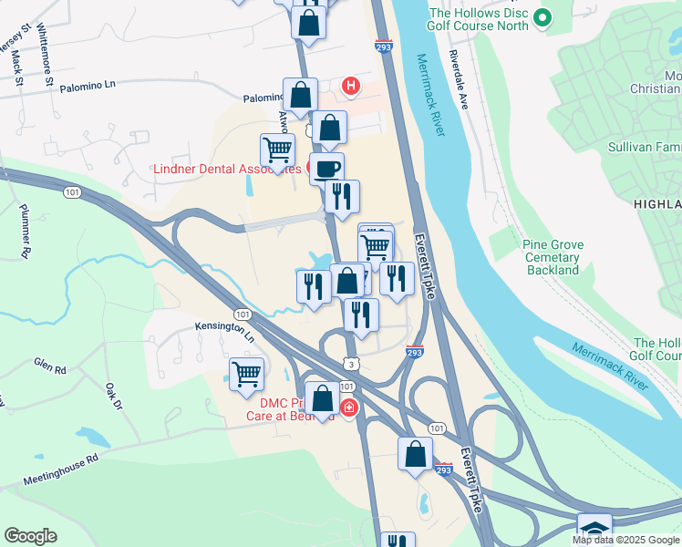 map of restaurants, bars, coffee shops, grocery stores, and more near 119 South River Road in Bedford