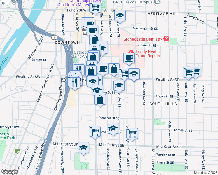 map of restaurants, bars, coffee shops, grocery stores, and more near 435 La Grave Avenue Southeast in Grand Rapids