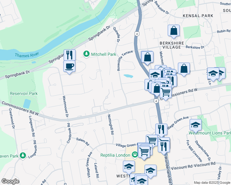 map of restaurants, bars, coffee shops, grocery stores, and more near 567 Rosecliffe Terrace in London