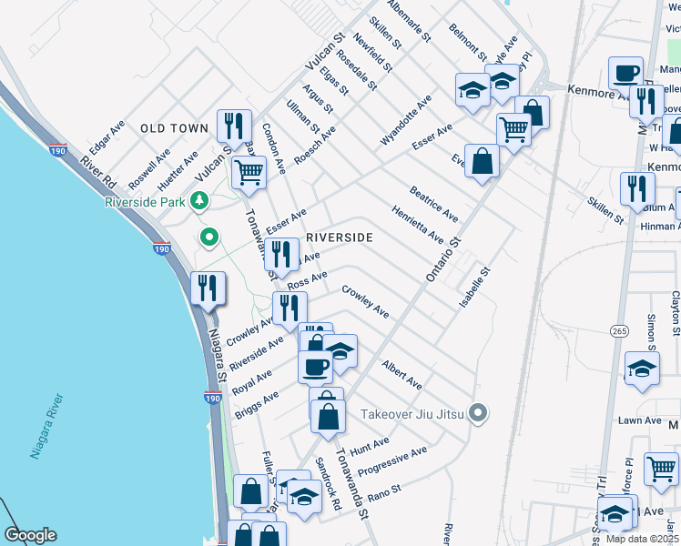 map of restaurants, bars, coffee shops, grocery stores, and more near in Buffalo