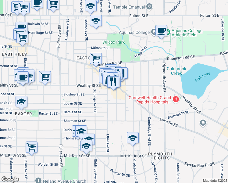 map of restaurants, bars, coffee shops, grocery stores, and more near 419 Norwood Avenue Southeast in Grand Rapids