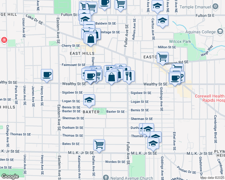map of restaurants, bars, coffee shops, grocery stores, and more near 1118 Wealthy Street Southeast in Grand Rapids