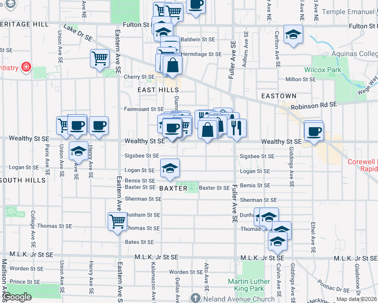 map of restaurants, bars, coffee shops, grocery stores, and more near 1012 Wealthy Street Southeast in Grand Rapids