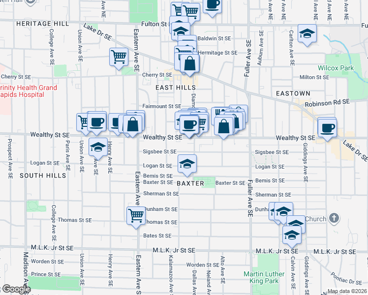 map of restaurants, bars, coffee shops, grocery stores, and more near 930 Wealthy Street Southeast in Grand Rapids