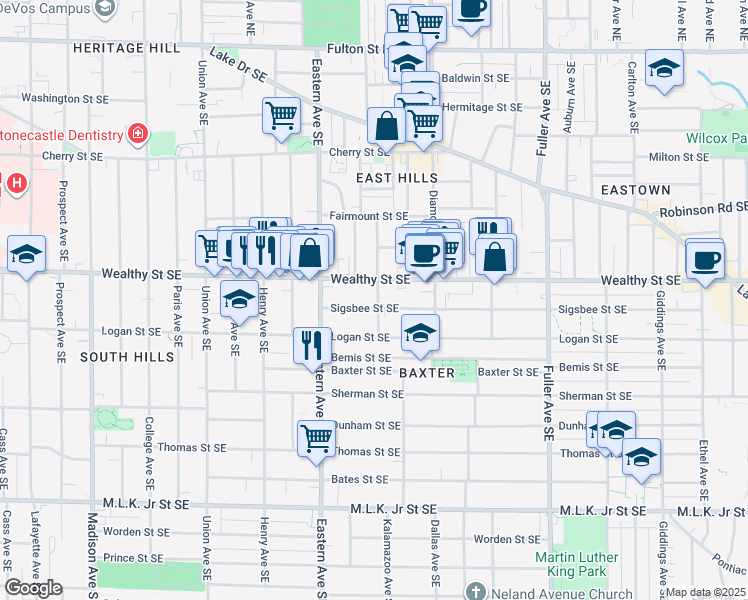 map of restaurants, bars, coffee shops, grocery stores, and more near in Grand Rapids