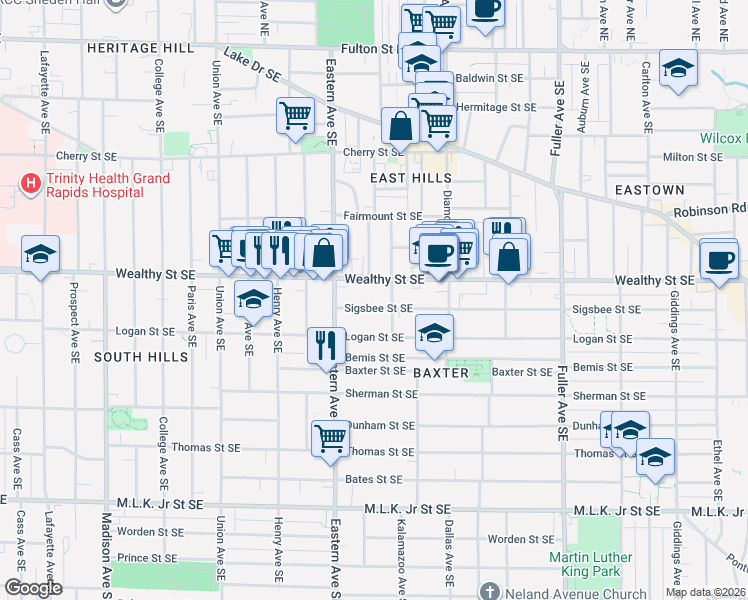 map of restaurants, bars, coffee shops, grocery stores, and more near in Grand Rapids