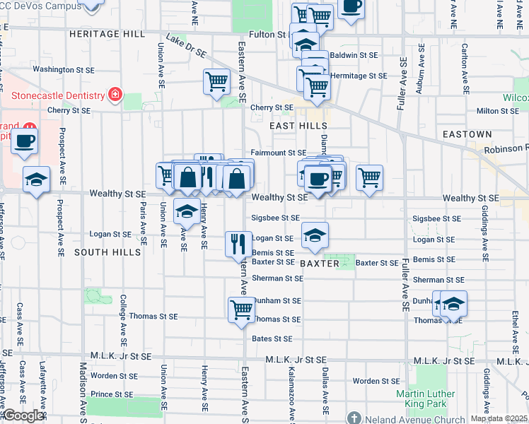 map of restaurants, bars, coffee shops, grocery stores, and more near 816 Wealthy Street Southeast in Grand Rapids