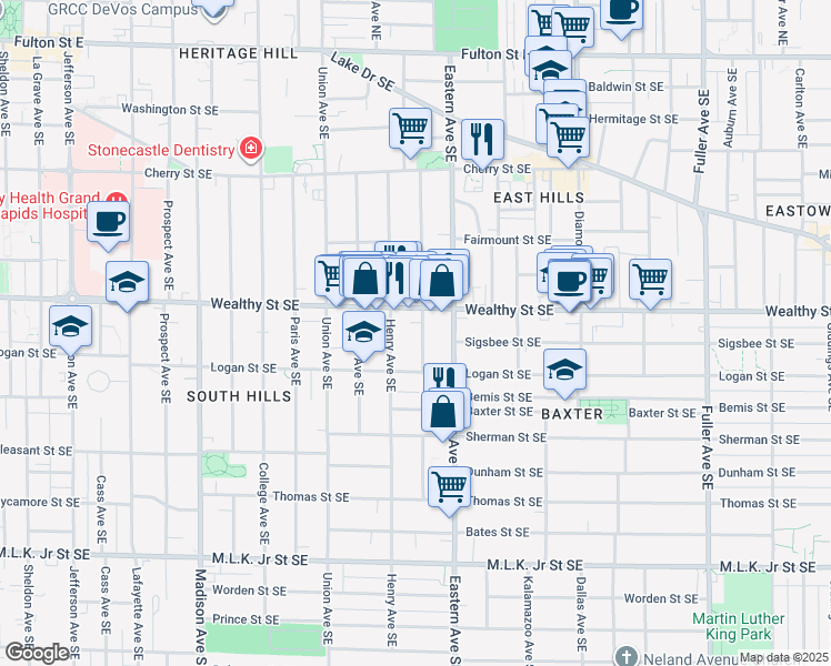 map of restaurants, bars, coffee shops, grocery stores, and more near 700 Wealthy Street Southeast in Grand Rapids