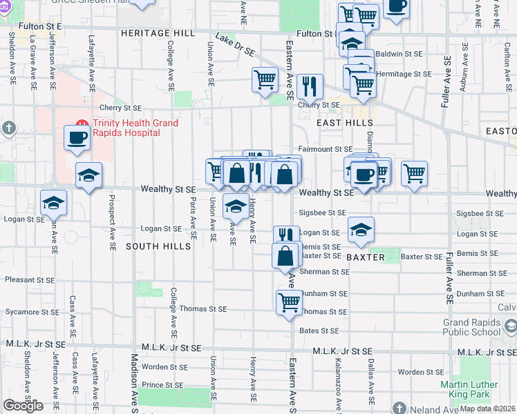 map of restaurants, bars, coffee shops, grocery stores, and more near 700 Wealthy Street Southeast in Grand Rapids