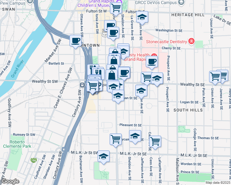 map of restaurants, bars, coffee shops, grocery stores, and more near 415 Division Avenue South in Grand Rapids