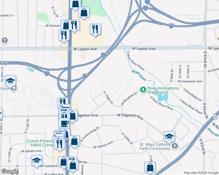 map of restaurants, bars, coffee shops, grocery stores, and more near 10399 Pine Ridge Road in Greenfield