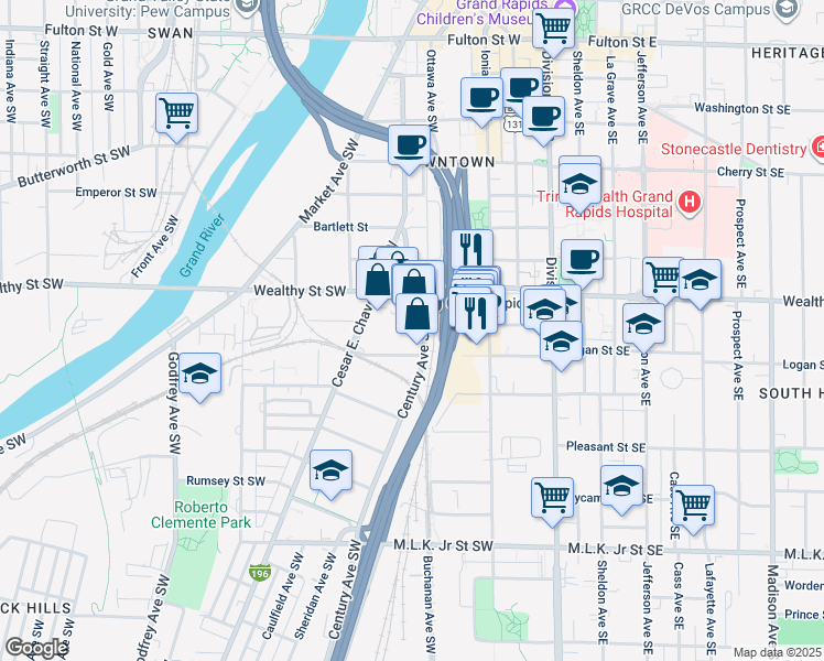 map of restaurants, bars, coffee shops, grocery stores, and more near in Grand Rapids