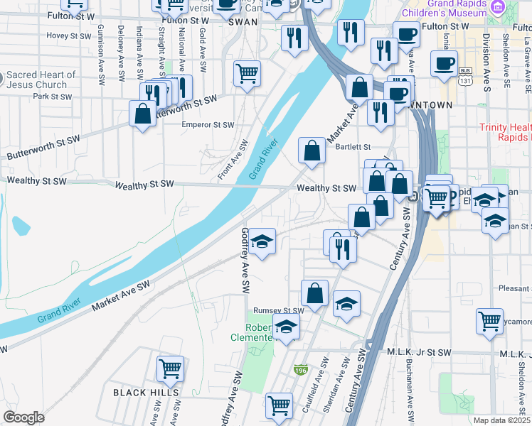 map of restaurants, bars, coffee shops, grocery stores, and more near 450 Market Avenue Southwest in Grand Rapids