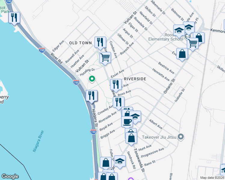 map of restaurants, bars, coffee shops, grocery stores, and more near Tonawanda St & Laird Ave in Buffalo