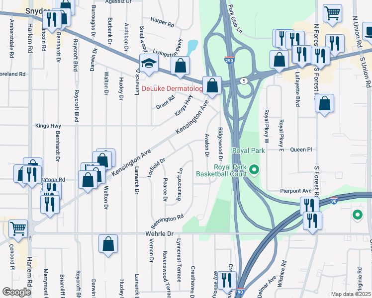map of restaurants, bars, coffee shops, grocery stores, and more near 220 Lorfield Drive in Buffalo