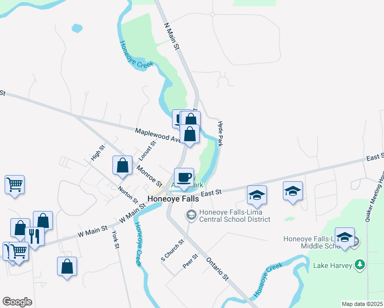map of restaurants, bars, coffee shops, grocery stores, and more near 61 North Main Street in Honeoye Falls