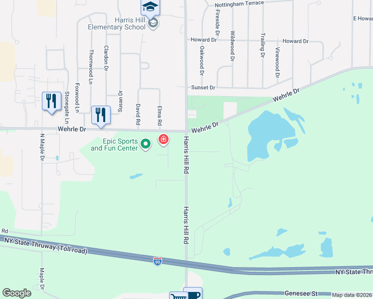 map of restaurants, bars, coffee shops, grocery stores, and more near 340 Harris Hill Road in Buffalo