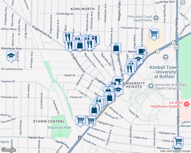 map of restaurants, bars, coffee shops, grocery stores, and more near 17 Evadene Street in Buffalo