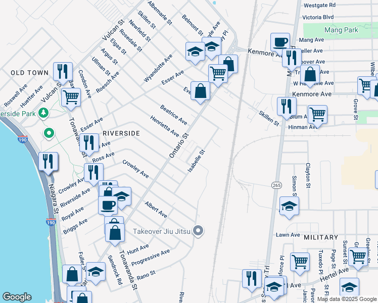 map of restaurants, bars, coffee shops, grocery stores, and more near 15 Upper East Lane in Buffalo