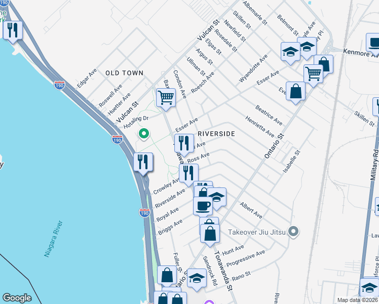 map of restaurants, bars, coffee shops, grocery stores, and more near 253 Laird Avenue in Buffalo