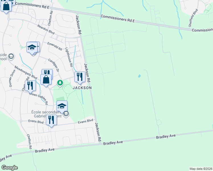 map of restaurants, bars, coffee shops, grocery stores, and more near 2624-2636 Jackson Road in London