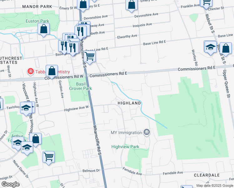 map of restaurants, bars, coffee shops, grocery stores, and more near 80 Highview Avenue East in London