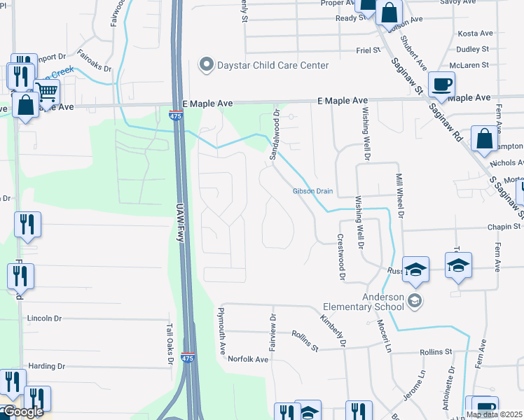 map of restaurants, bars, coffee shops, grocery stores, and more near 5122 Sandalwood Circle in Grand Blanc