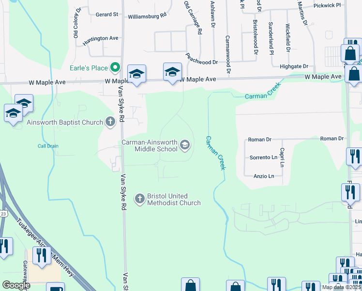 map of restaurants, bars, coffee shops, grocery stores, and more near 1409 West Maple Avenue in Flint