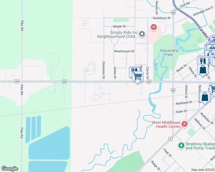 map of restaurants, bars, coffee shops, grocery stores, and more near 200 Ewart Street in Strathroy