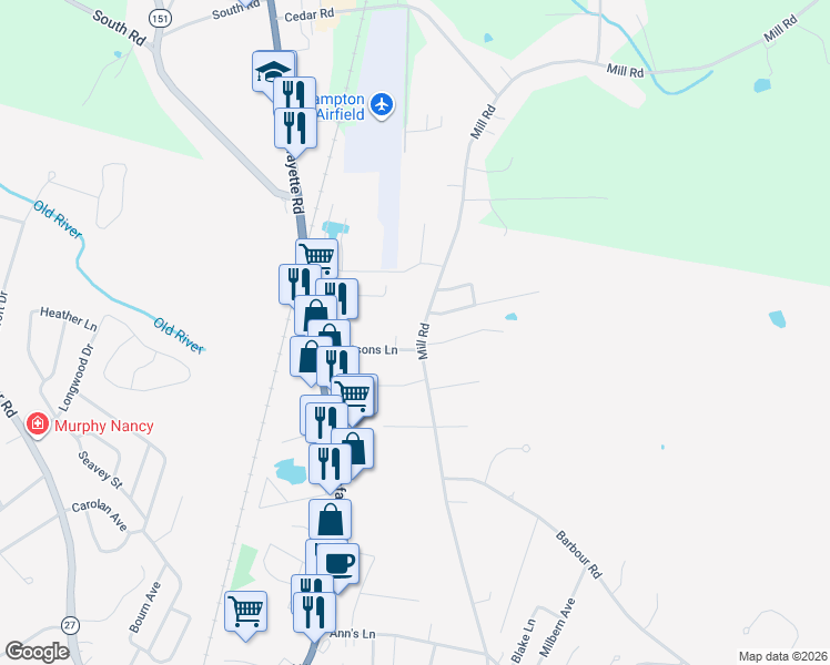 map of restaurants, bars, coffee shops, grocery stores, and more near 268 Mill Road in Hampton