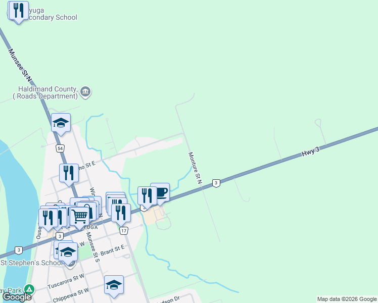 map of restaurants, bars, coffee shops, grocery stores, and more near 26 Monture Street in Cayuga